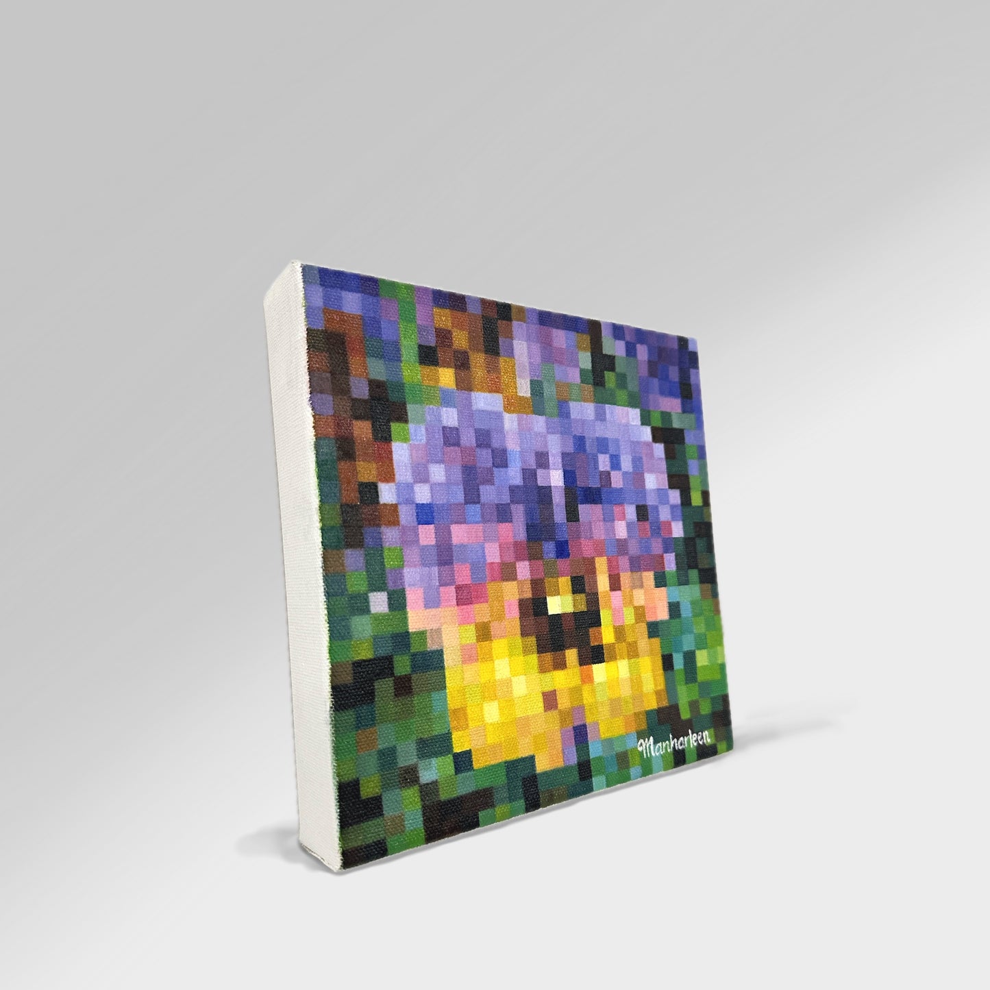 Side angle view of 8x8 inches, 20.3x20.3 cm oil painting, violet-yellow pansy flower with green leaves, in squares art style, ideal for home decor.