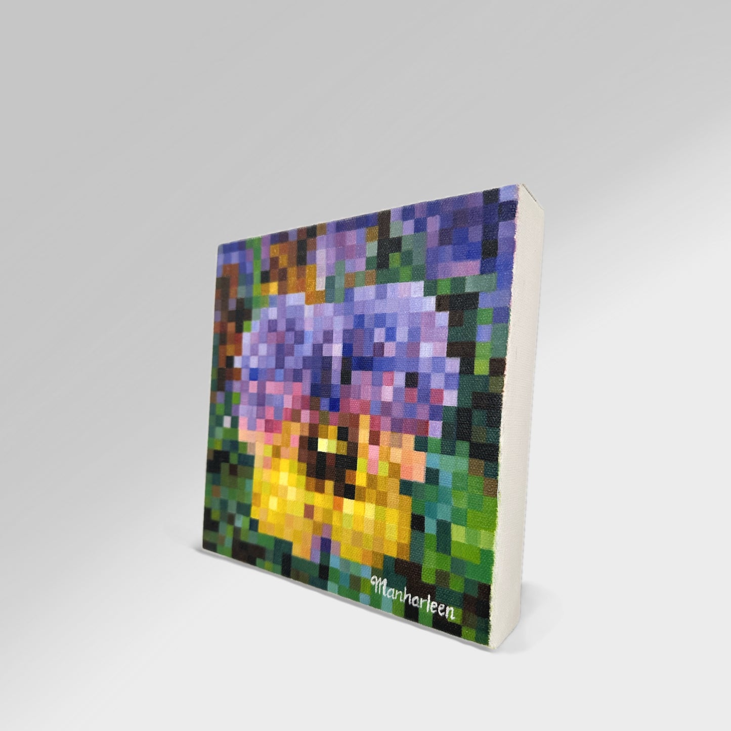 Side angle view of 8x8 inches, 20.3x20.3 cm oil painting, violet-yellow pansy flower with green leaves, in squares art style, ideal for home decor.