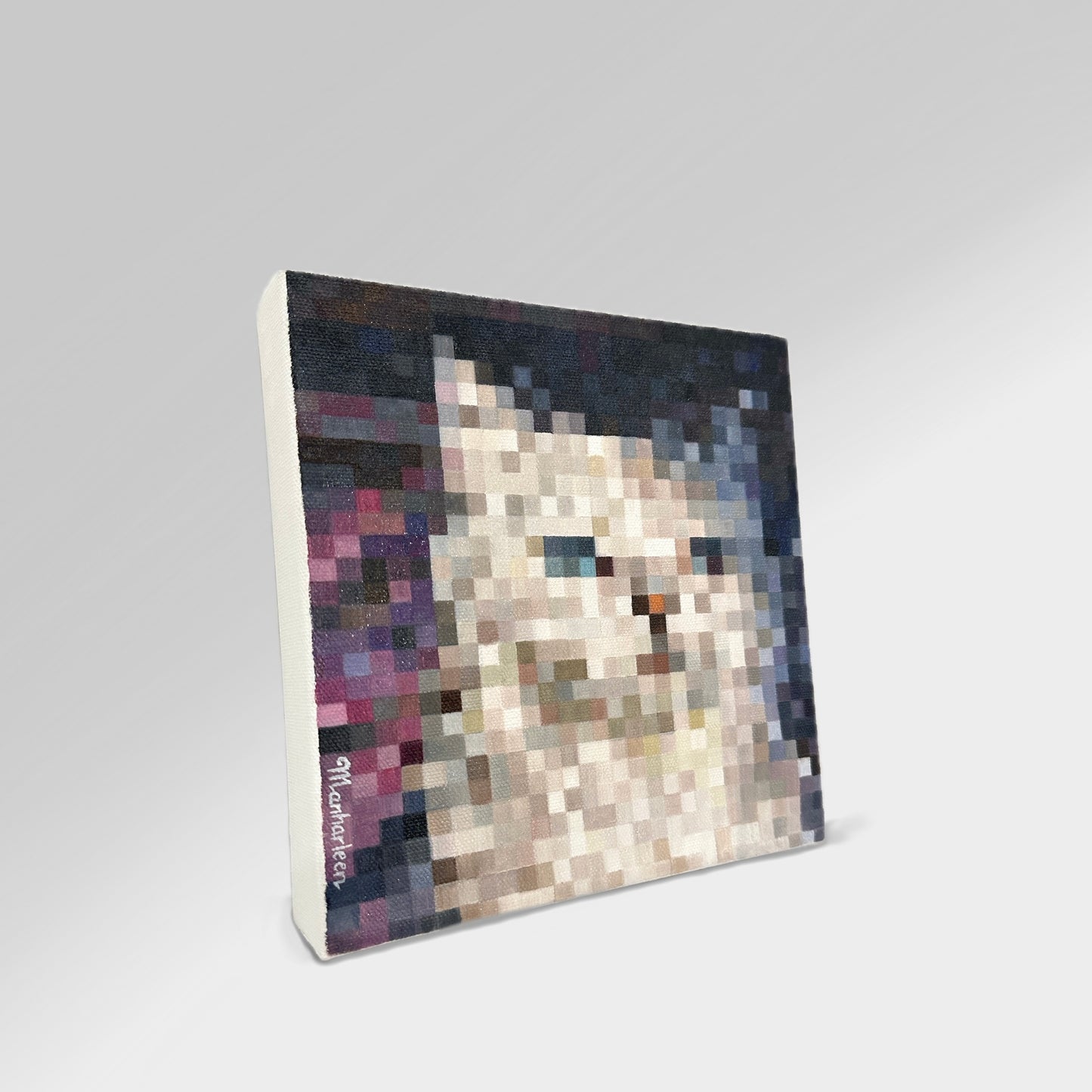 Side angle view of an 8x8 inches (20.3x20.3 cm) oil painting, showcasing a white cat with sparkling green eyes in a distinctive square art style. This perspective highlights the depth and texture of the painting, with the cat soaking in sunlight, set against a shadowed, dimly lit room backdrop, ideal for home decor.