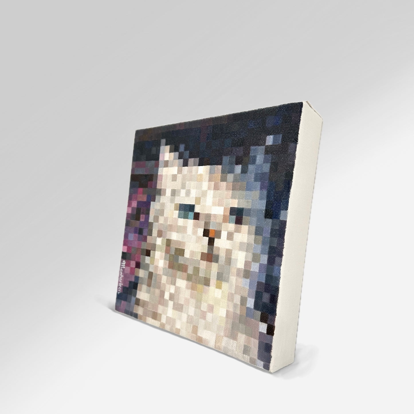 Side angle view of an 8x8 inches (20.3x20.3 cm) oil painting, showcasing a white cat with sparkling green eyes in a distinctive square art style. This perspective highlights the depth and texture of the painting, with the cat soaking in sunlight, set against a shadowed, dimly lit room backdrop, ideal for home decor.