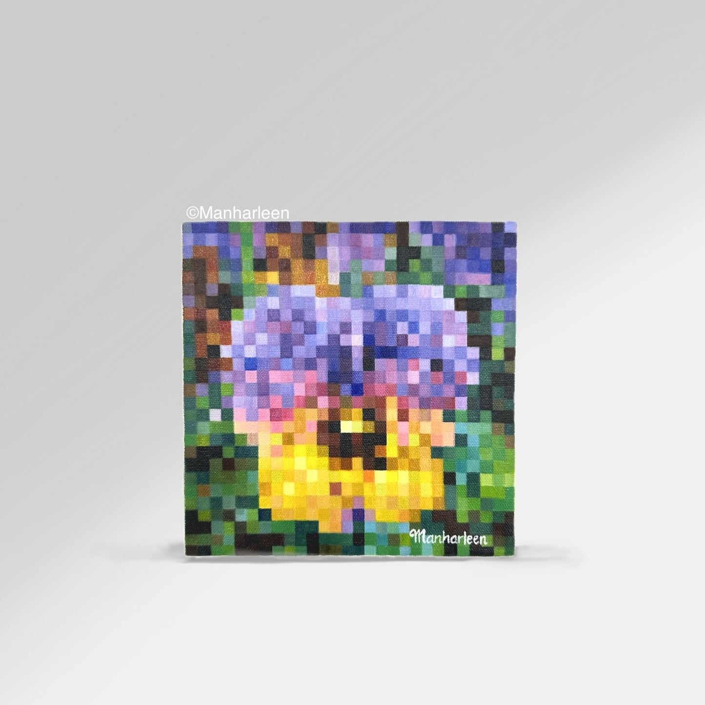 Front view of 8x8 inches, 20.3x20.3 cm oil painting, violet-yellow pansy flower with green leaves, in squares art style, ideal for vibrant home decor.