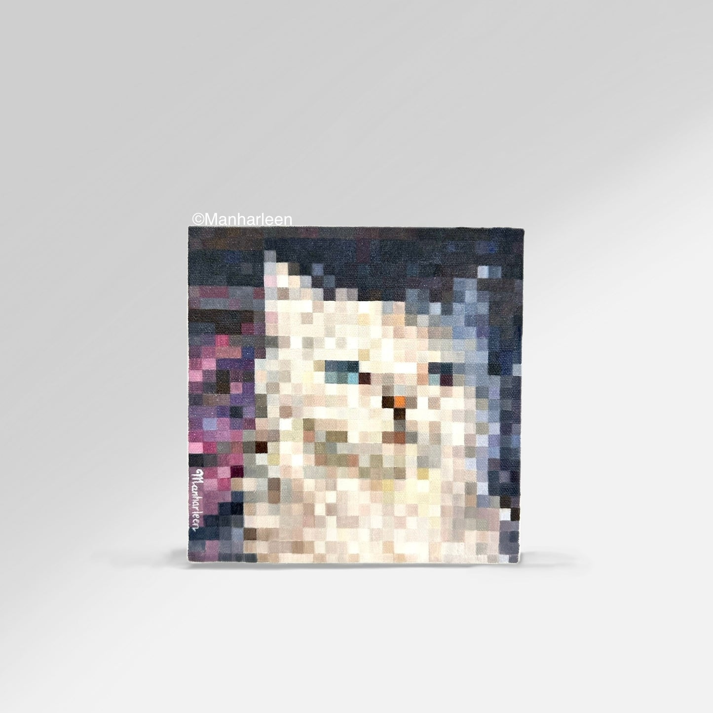 Front view of an 8x8 inches (20.3x20.3 cm) oil painting featuring a white cat with sparkling green eyes, rendered in a unique square art style. The cat is basking in sunlight against the backdrop of a shadowed, dim room, , ideal for home decor.
