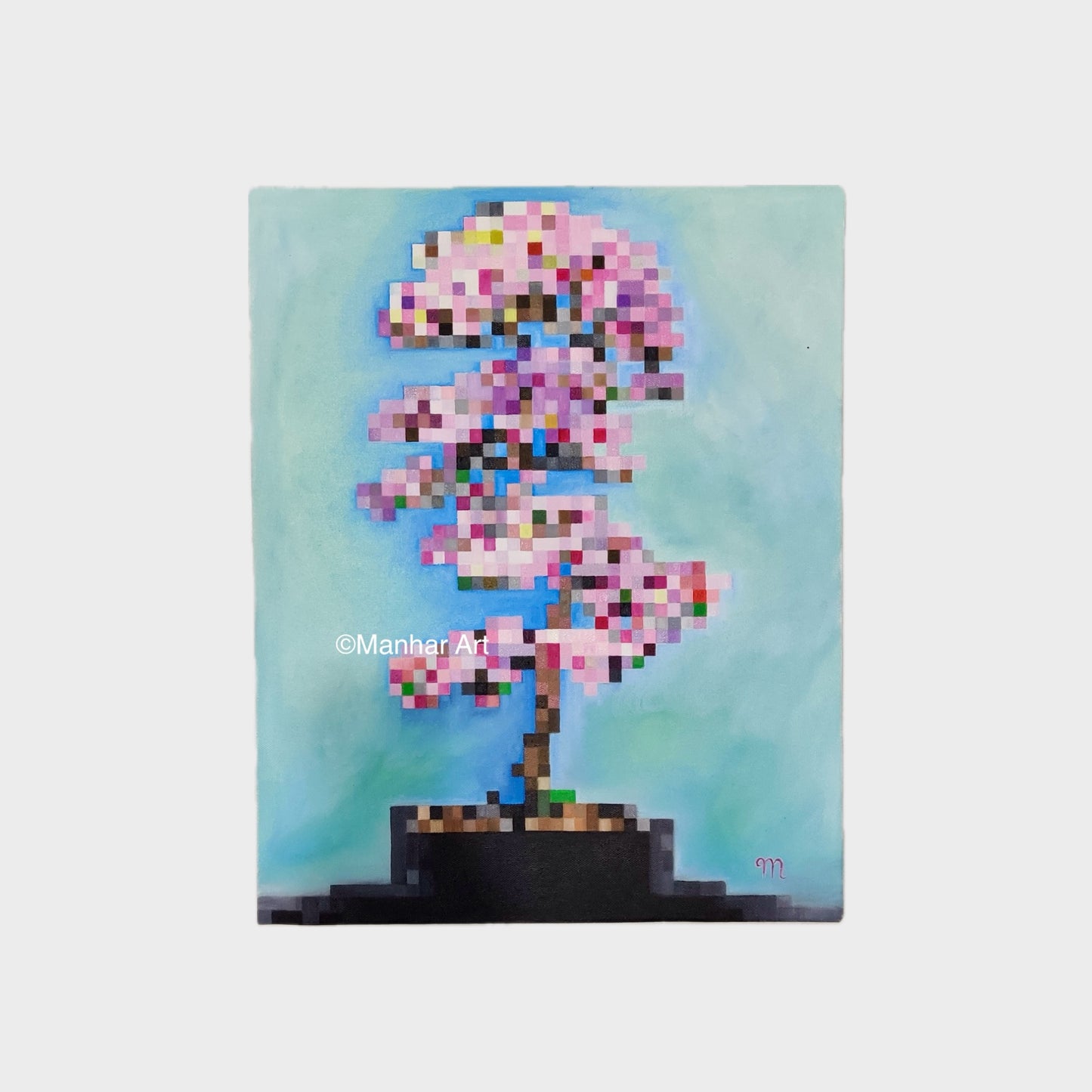 Original Oil Painting on canvas Pink Bonsai, for sale, as home decor and wall decor.