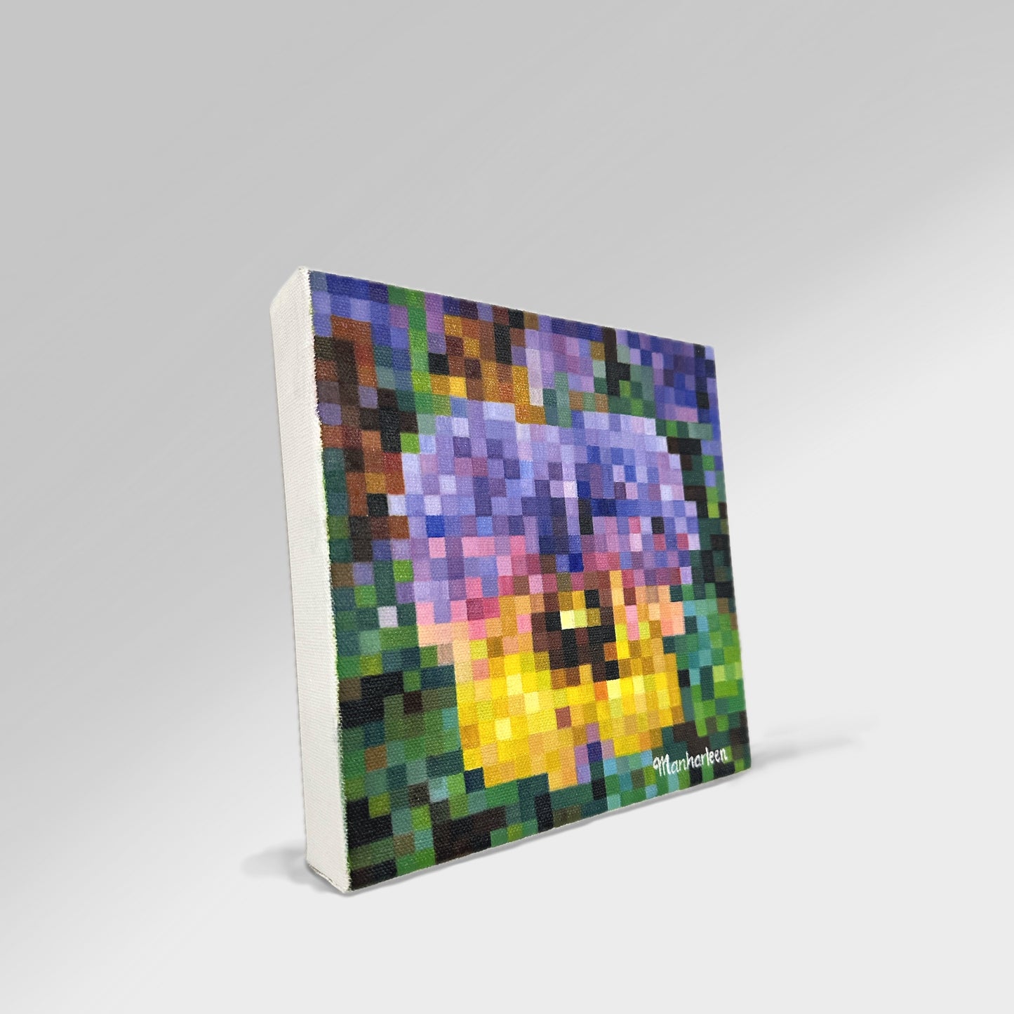 Side angle view of 8x8 inches, 20.3x20.3 cm  oil painting, violet-yellow pansy flower with green leaves, in squares art style, ideal for home decor.