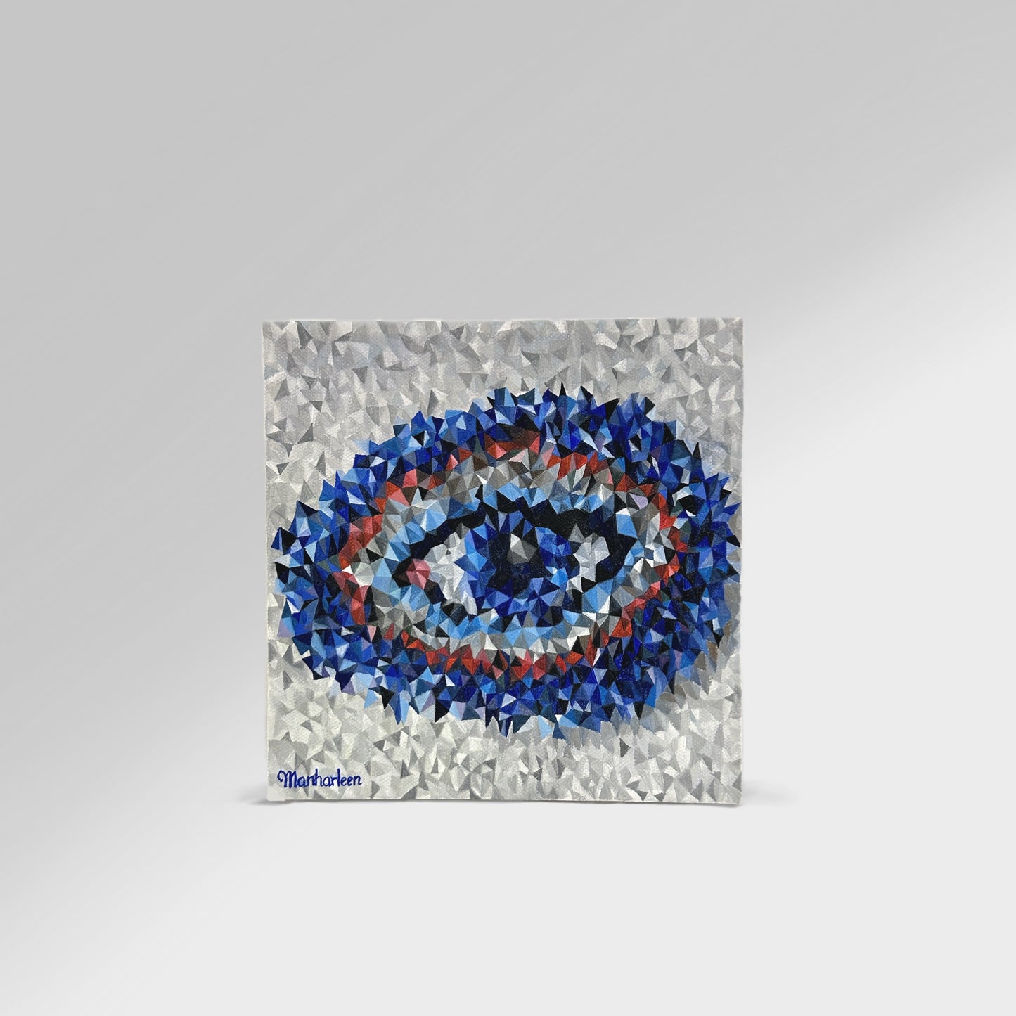 Evil eye oil painting in vibrant blues with a light grey background, perfect for home decoration and wall decor..