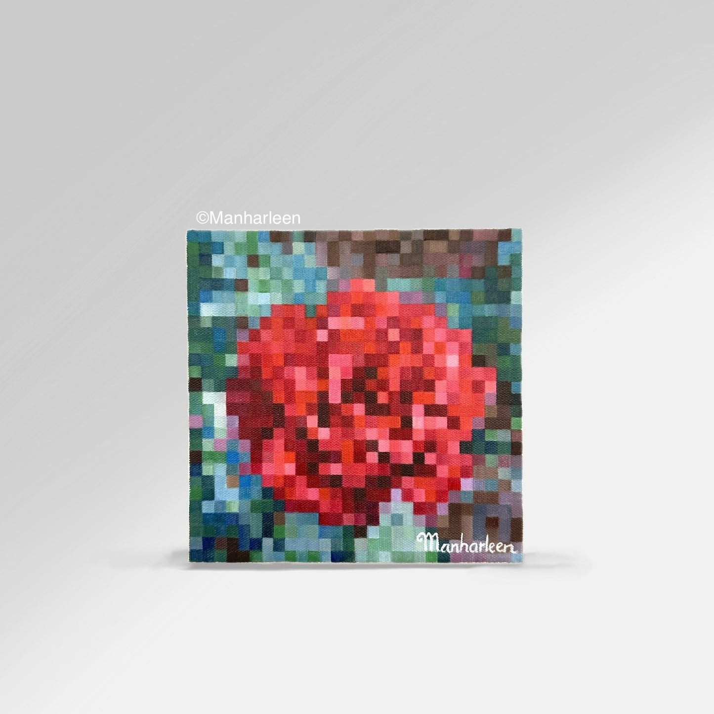 Vibrant 8x8 inch (20.3x20.3 cm) painting featuring a rich red, bloomed rose against a lush green leafy background, executed in a special square art style. This piece adds vitality to any space, making it a perfect choice for home décor.