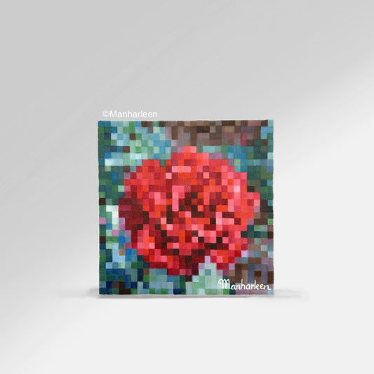 Vibrant 8x8 inch (20.3x20.3 cm) painting featuring a rich red, bloomed rose against a lush green leafy background, executed in a special square art style. This piece adds vitality to any space, making it a perfect choice for home décor.