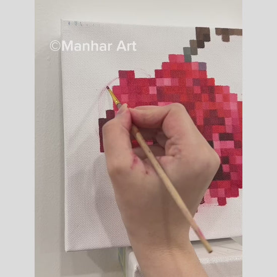 Real-time video showcasing the detailed painting process of a captivating 8x8 inch (20.3x20.3 cm) rose artwork. Observe the artist's precision and technique in applying rich reds and vibrant greens in a distinctive square art style, highlighting the meticulous attention to detail that breathes life into this exquisite piece, perfect for enhancing any home decor.