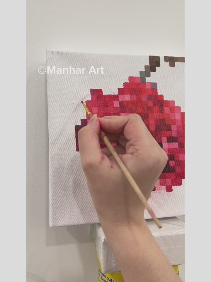 Real-time video showcasing the detailed painting process of a captivating 8x8 inch (20.3x20.3 cm) rose artwork. Observe the artist's precision and technique in applying rich reds and vibrant greens in a distinctive square art style, highlighting the meticulous attention to detail that breathes life into this exquisite piece, perfect for enhancing any home decor.